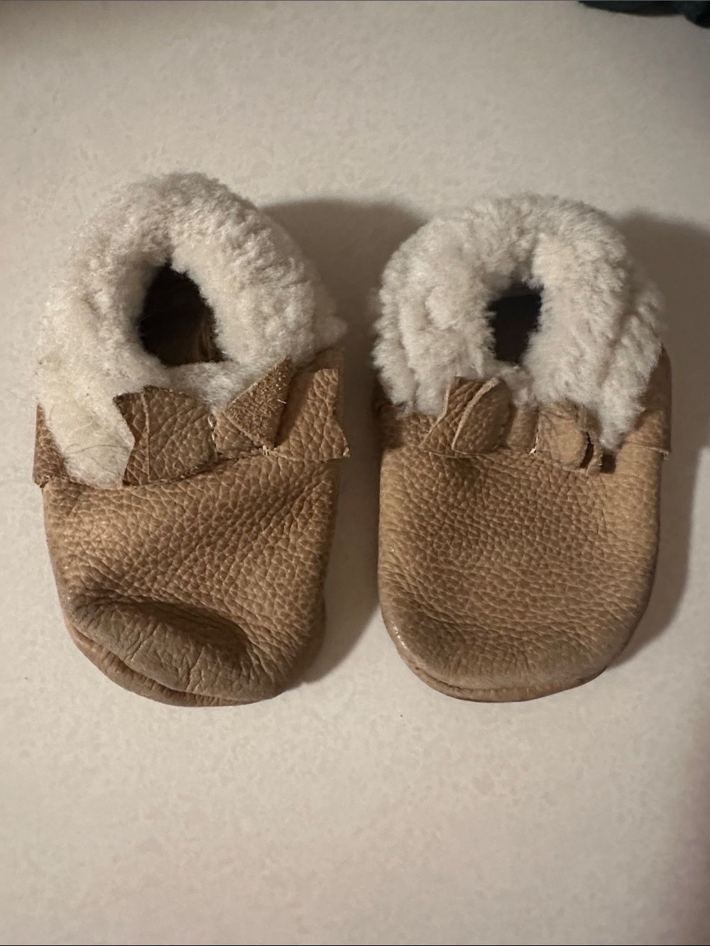 Freshly Picked weathered brown sherling bow baby shoe